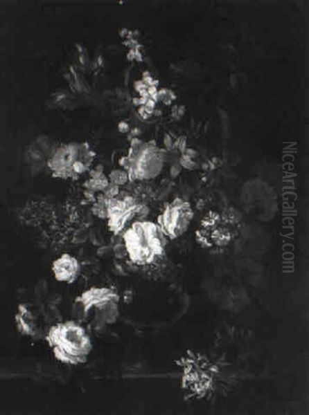 Still Life Of Summer Flowers In Glass Vase On Stone Ledge - view 1