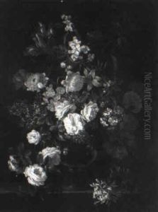 Still Life Of Summer Flowers In Glass Vase On Stone Ledge by Pieter Hardime