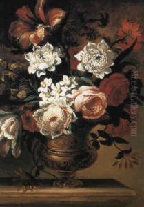 Roses, Carnations And Tulips In An Urn On A Ledge by Pieter Hardime