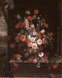 Still Life Of Flowers In A Terracotta Urn, Cherries, Redcurrants And Fraises De Bois On A Stone Ledge With A This