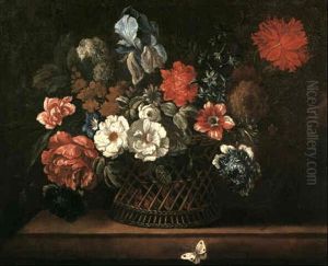 A Still Life Of Assorted Flowers Including Roses, An Iris   And Poppies In A Wicker Basket Upon A Stone Ledge by Pieter Hardime