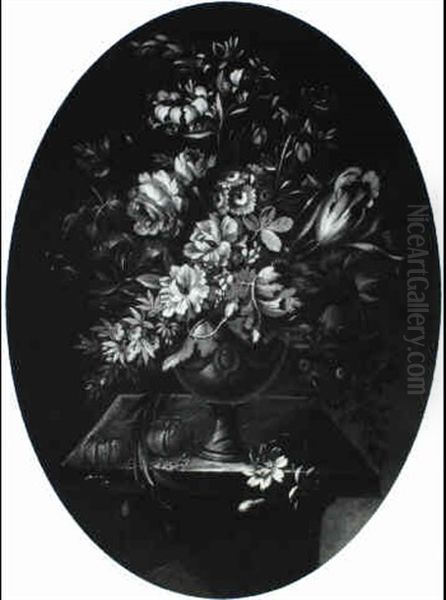 Peonies And Other Flowers In An Urn On A Plynth - view 1