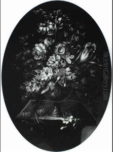 Peonies And Other Flowers In An Urn On A Plynth
