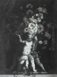 Bouquet Of Flowers In An Urn Supported By Three Stone Putti