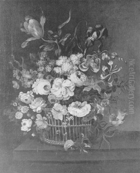 Still Life Of Roses, Tulips, Irises, Marigolds, Poppies And Other Flowers In A Basket Upon A Ledge - view 1