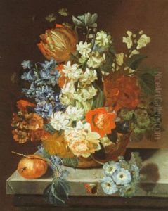 Still Life With A Bouquet Of Mixed Flowers, An Orange, And A Butterfly All On A Ledge by Pieter Hardime
