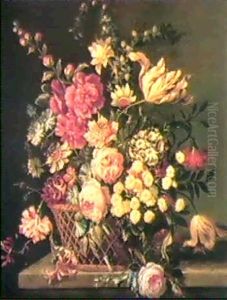 A Still Life Of Assorted Flowers Including Honeysuckle,     Primulas, Tulips And Roses In A Wicker Basket...