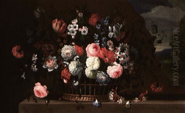 Still Life Of Flowers In A Basket On A Ledge, A Distant Landscape Beyond - view 1