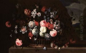 Still Life Of Flowers In A Basket On A Ledge, A Distant Landscape Beyond by Pieter Hardime