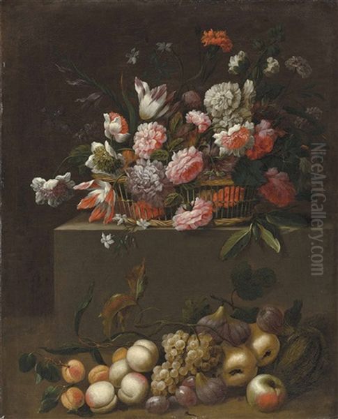Flowers In A Basket On A Plinth, With Scattered Fruits On The Ground - view 1
