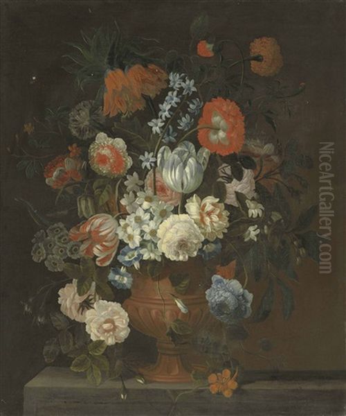 Flowers In A Terracotta Urn On A Ledge - view 1