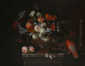 Still Life Of Flowers With Roses, Tulips And Hydrangeas In A Bronze Urn On A Stone Pedestal, Together With A Parrot