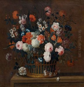 Still Life With Flowers In A Woven Basket On A Table