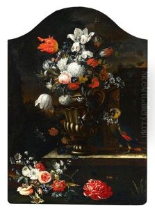 A Still Life With Flowers In A Vase And A Parrot On A Ledge Arched Top by Simon Hardime