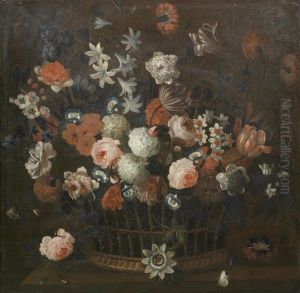 Roses, Tulips, Narcissi And Other Flowers In A Wicker Basket On A Stone Ledge With A White Butterfly