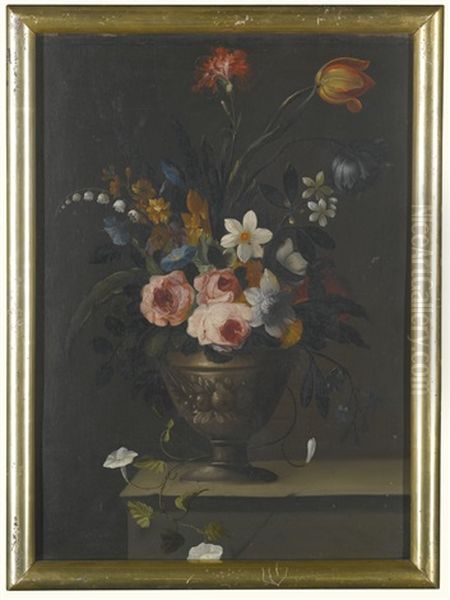 Still Lifes Of Flowers In Sculpted Urns Upon Stone Ledges (3 Works) - view 1