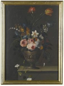 Still Lifes Of Flowers In Sculpted Urns Upon Stone Ledges (3 Works)