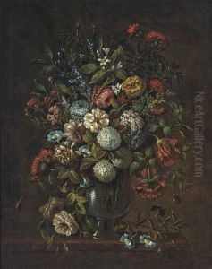 Snowballs, Poppies, Tulips, Convolvulus And Other Flowers In A Glass Vase On A Ledge
