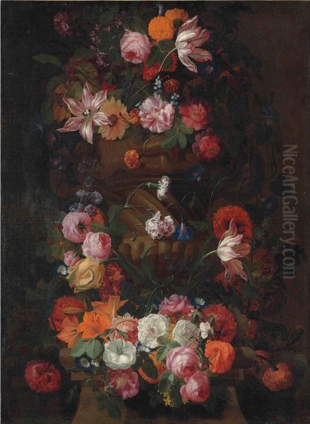 Parrot Tulips, Roses, A Sunflower And Other Flowers In A Sculpted Urn, With A Garland Of Roses, Lilies, Morning Glory And Other Flowers Around A Column - view 1