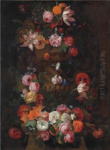 Parrot Tulips, Roses, A Sunflower And Other Flowers In A Sculpted Urn, With A Garland Of Roses, Lilies, Morning Glory And Other Flowers Around A Column