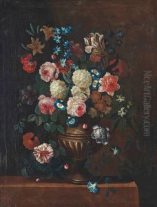 Roses, Snowballs, Convolvulus And Other Flowers In An Urn On A Stone Ledge