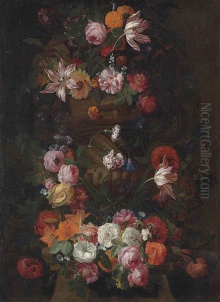Parrot Tulips, Roses, A Sunflower And Other Flowers In A Sculpted Urn, With A Wreath Of Roses, Lilies, Morning Glory And Other Flowers Around A Column - view 1