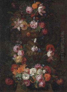 Parrot Tulips, Roses, A Sunflower And Other Flowers In A Sculpted Urn, With A Wreath Of Roses, Lilies, Morning Glory And Other Flowers Around A Column