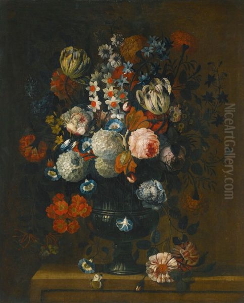Still Life Of Roses, Variegated Tulips, Peonies, Daffodils And Other Flowers In A Sculpted Vase - view 1