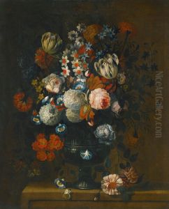Still Life Of Roses, Variegated Tulips, Peonies, Daffodils And Other Flowers In A Sculpted Vase