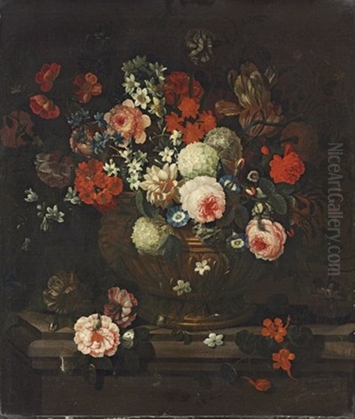 Roses, Tulips, Chrysanthemums And Other Flowers In A Sculptural Urn - view 1