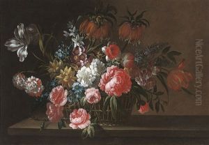 Roses, Carnations, Tulips, Cornflowers, Camelias And Other Flowers In A Wicker Basket, On A Stone Ledge