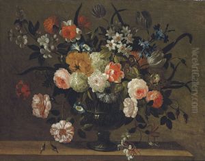 Roses, Carnations, Morning Glory, Bluebells, Honeysuckle And Other Flowers In A Classical Urn On A Stone Ledge