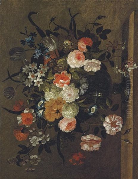 Roses, Carnations, Morning Glory, Bluebells, Honeysuckle And Other Flowers In A Classical Urn - view 1
