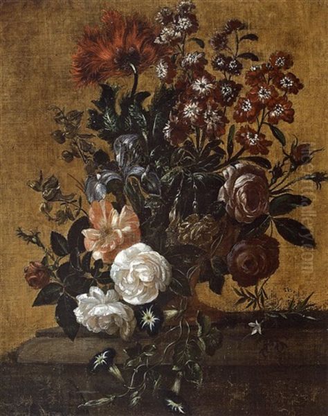 Still Life With Tulips, Morning Glories, Iris, Roses, And Other Flowers On A Stone Table - view 1