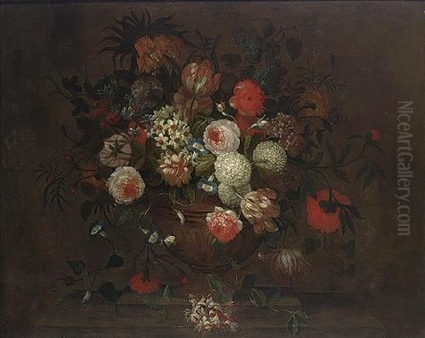 A Still Life With Roses, Daffodils, Snowballs, An Imperial Crown, Tulips, Morning Glory, Honeysuckle And Other Flowers - view 1