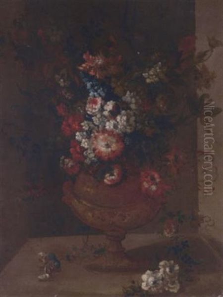 Carnations, Tulips, Narcissi, Morning Glory And Other Flowers In A Vase In A Niche - view 1