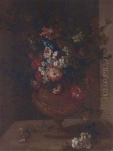 Carnations, Tulips, Narcissi, Morning Glory And Other Flowers In A Vase In A Niche