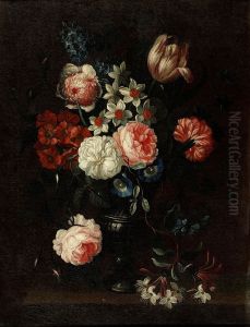 Roses, Tulips, Narcissi, Morning Glory And Delphiniums With Other Flowers In A Glass Vase On A Ledge