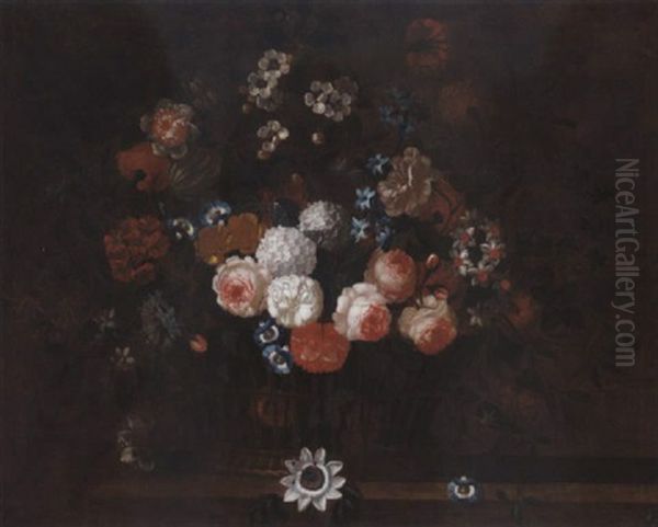 Roses, Morning Glory, Narcissi And Other Flowers In A Basket On A Ledge - view 1