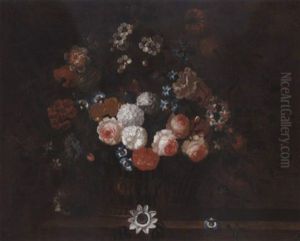 Roses, Morning Glory, Narcissi And Other Flowers In A Basket On A Ledge by Simon Hardime