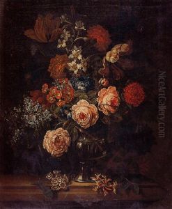 Still Life Of Roses, Narcissi, Tulips, Primroses And Other Flowers In A Vase Resting On A Ledge by Simon Hardime