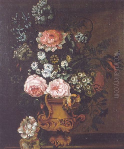 A Still Life Of Roses, Hyacinths, Tulips And Other Flowers In An Elaborate Gilt Vase On A Stone Ledge - view 1