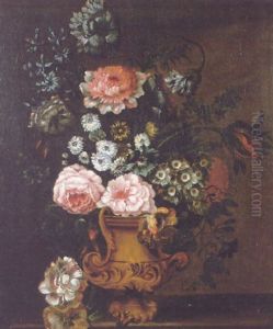 A Still Life Of Roses, Hyacinths, Tulips And Other Flowers In An Elaborate Gilt Vase On A Stone Ledge