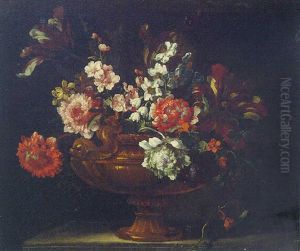Carnations, Parrot Tulips, Narcissi And Other Flowers In An Urn On A Ledge