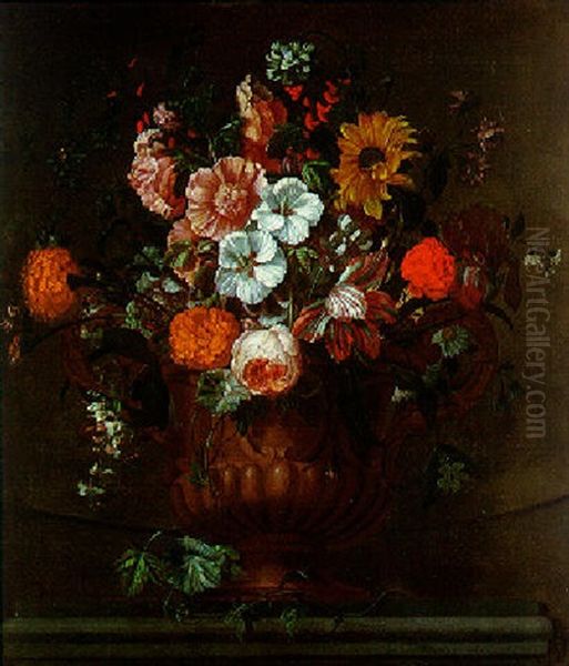 Bouquet De Fleurs Dans Un Vase A Godrons Sur Un Entablement - view 1