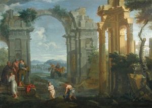 A Classical Capriccio With Maidens Bathing In A River Amidst Classical Ruins A Classical Capriccio With Maidens Bathing In A River Amidst Classical Ruins