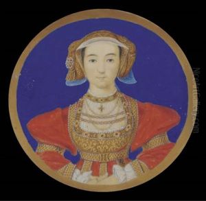 Anne Of Cleves, In Scarlet Dress Decorated With Gold Embroidery, Ribbon And Jewels, Wearing A Gold Gable Hood With Pearls, And Necklaces (after Hans Holbein The Younger)