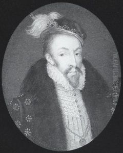 Thomas Radcliffe, 3rd Earl Of Sussex, Wearing Purple Cloak With Gold Floral Motif, White Doublet, Gold Medallion And Beret With White Plume