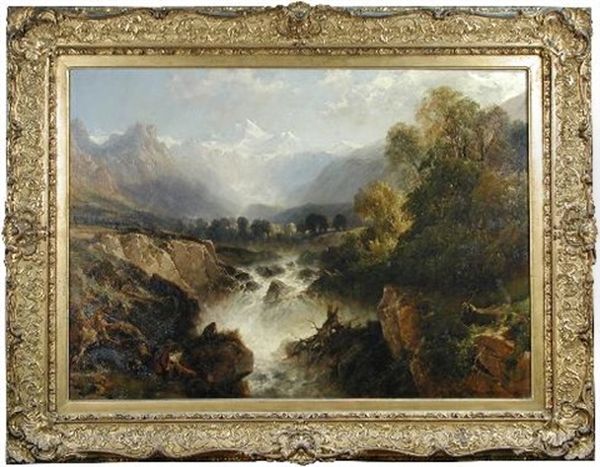 An Artist Sketching By A Waterfall, With Fishermen By A River And Mountains Beyond - view 1