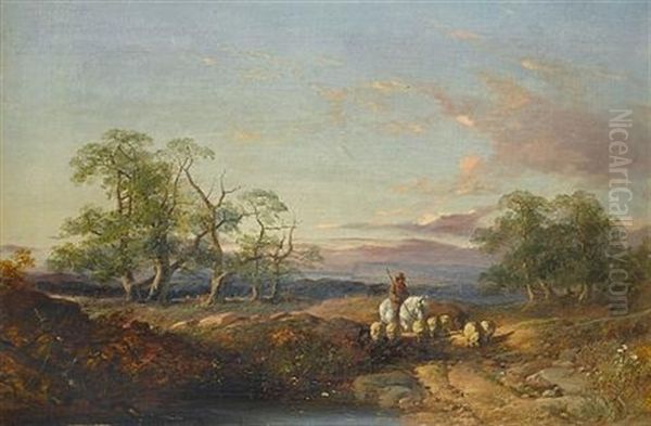 Landscape With Sheep And Drover (+ A Family Group On A Country Lane; Pair) - view 1